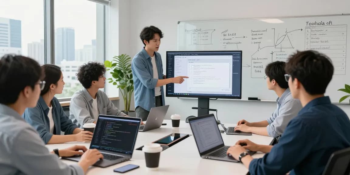 Build internal tools with AI in a modern tech workspace featuring collaborative developers and advanced technologies.