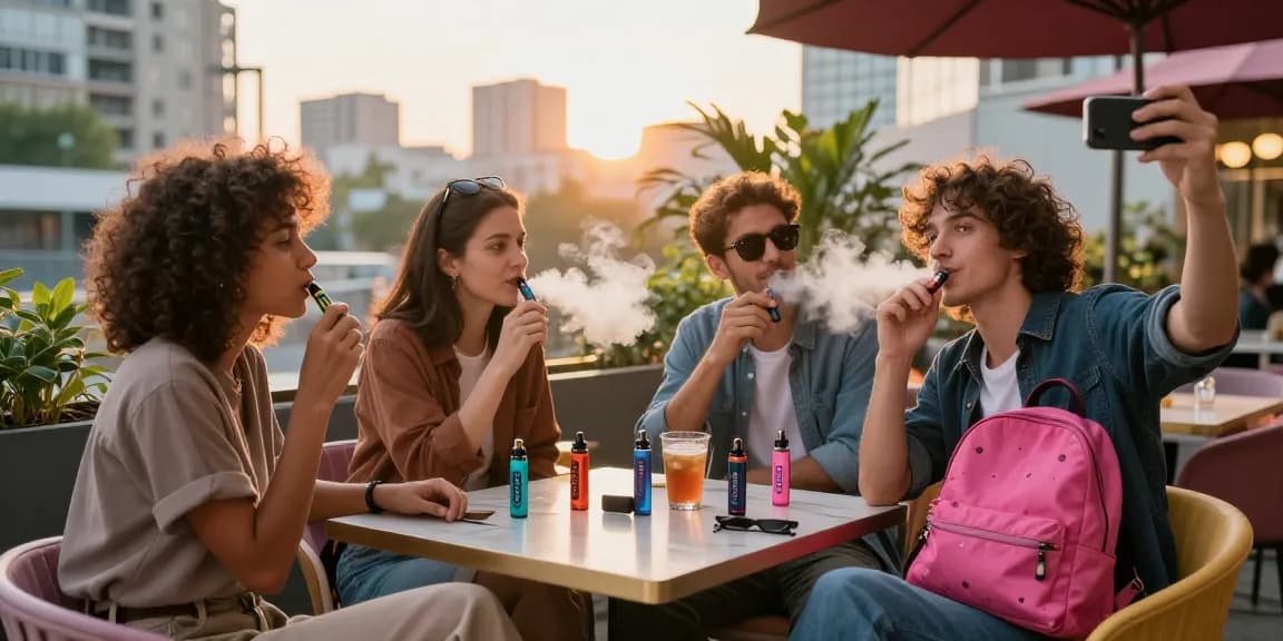 Group enjoying thc vape pens in a stylish outdoor café during sunset.
