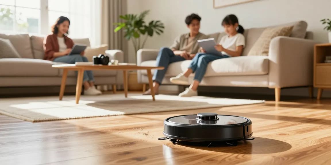 robot vacuum 2026 cleaning hardwood floor in modern living room with family relaxing