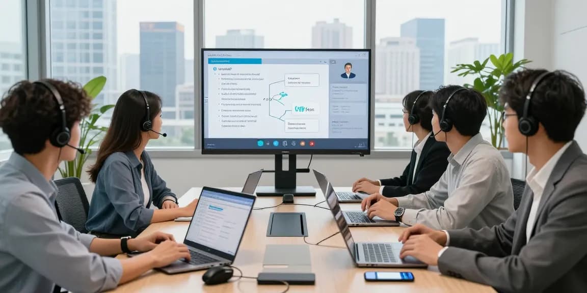 Team collaboration discussing office phone systems in a modern conference room.