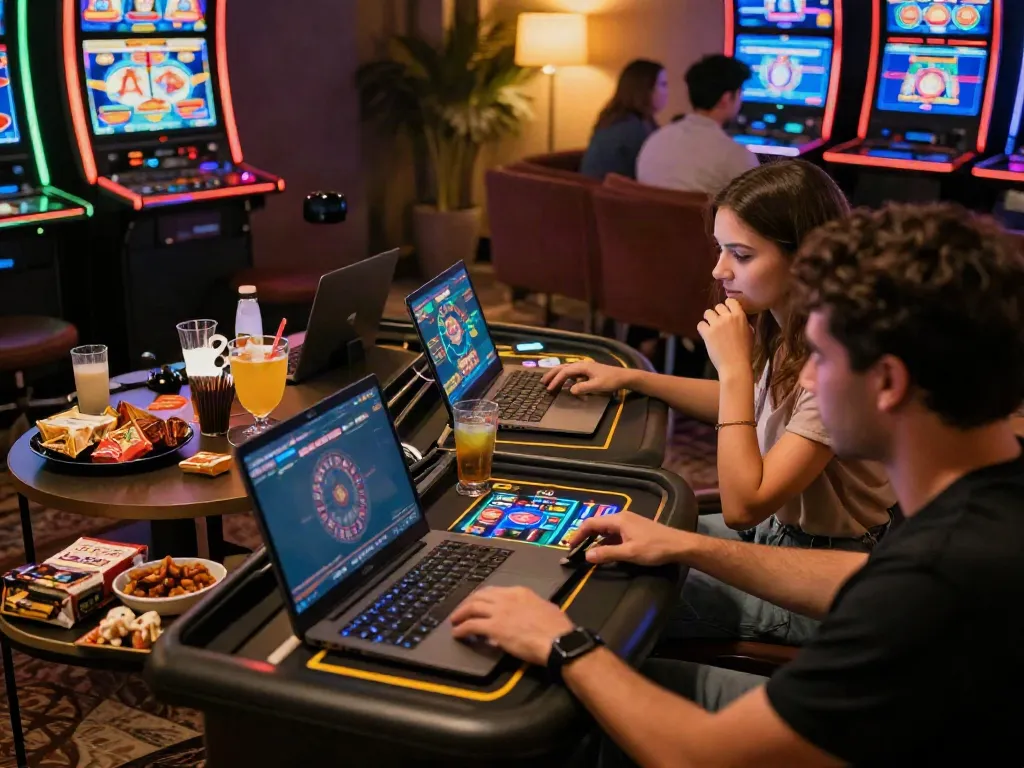 Exciting scene of players enjoying casinos not on GamStop with vibrant gaming displays and cozy home setting.