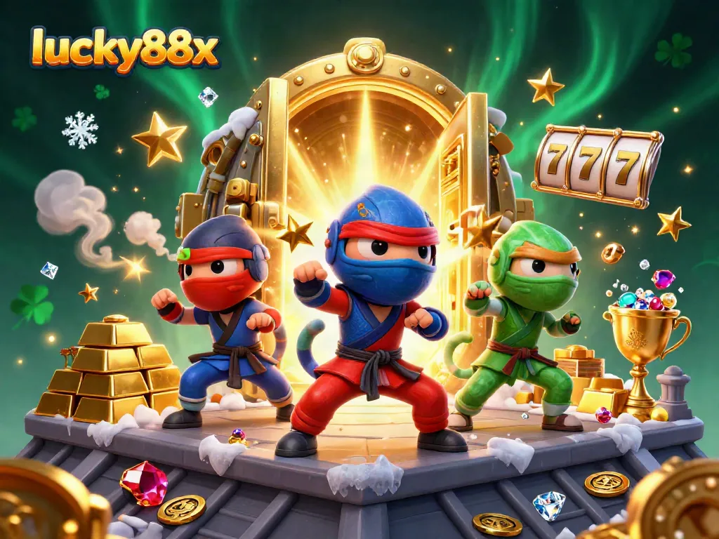 Experience exciting gaming action at lucky88x with vibrant chameleon ninjas surrounded by dazzling treasures.