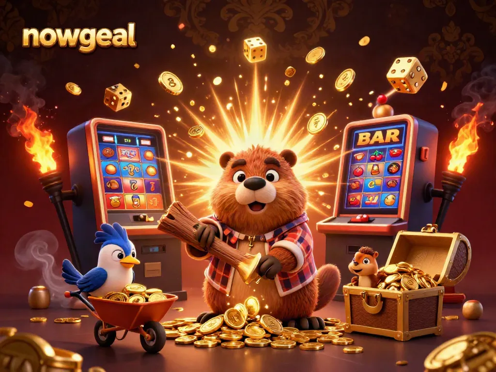 Experience the thrill of nowgoal with cartoon characters celebrating wins amid golden coins and dynamic casino elements.