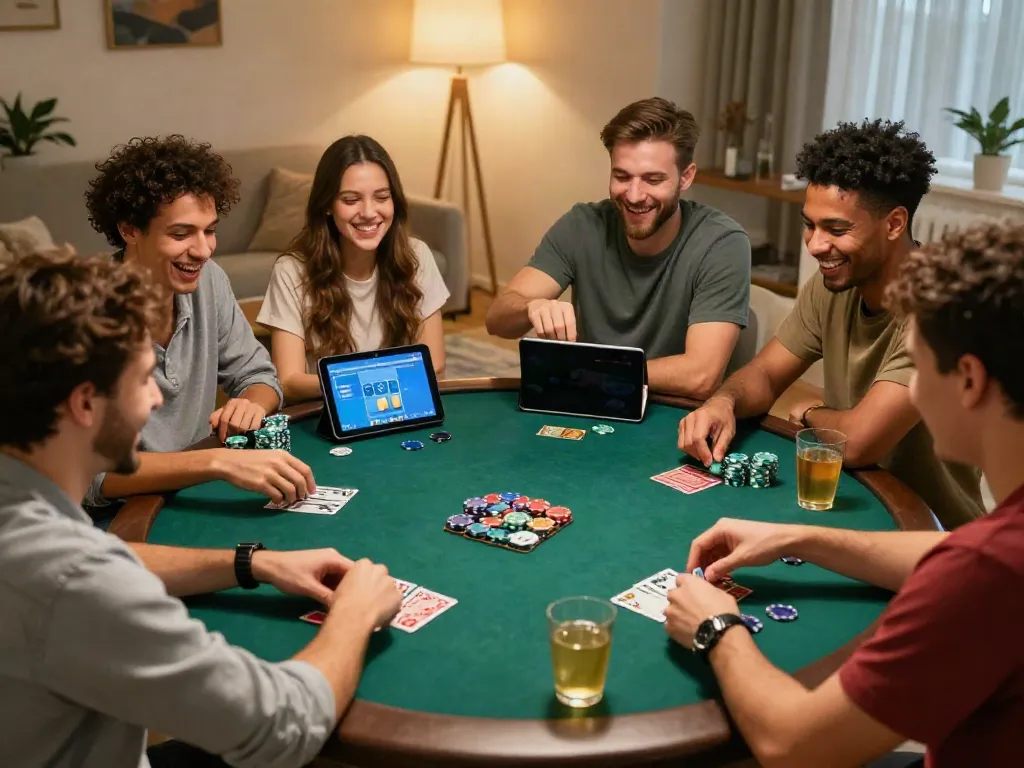 Casinos not on GamStop gaming scene with friends enjoying card games and gadgets.