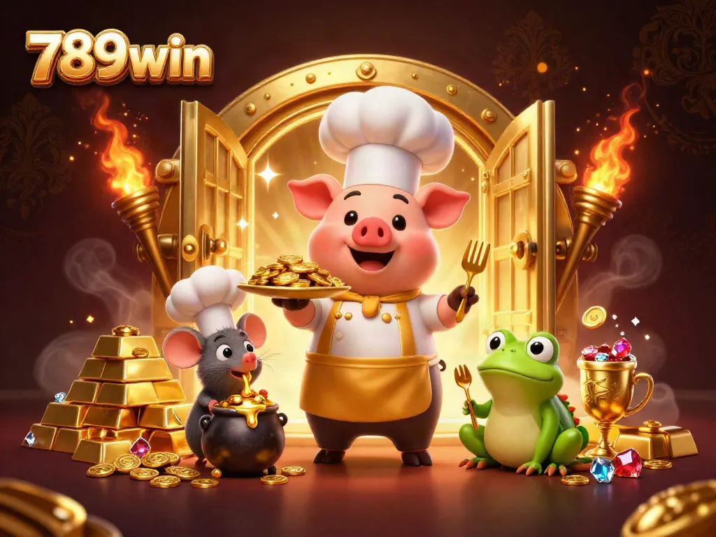 Experience the excitement of 789win with a chef pig serving gold coins amidst towering treasures!