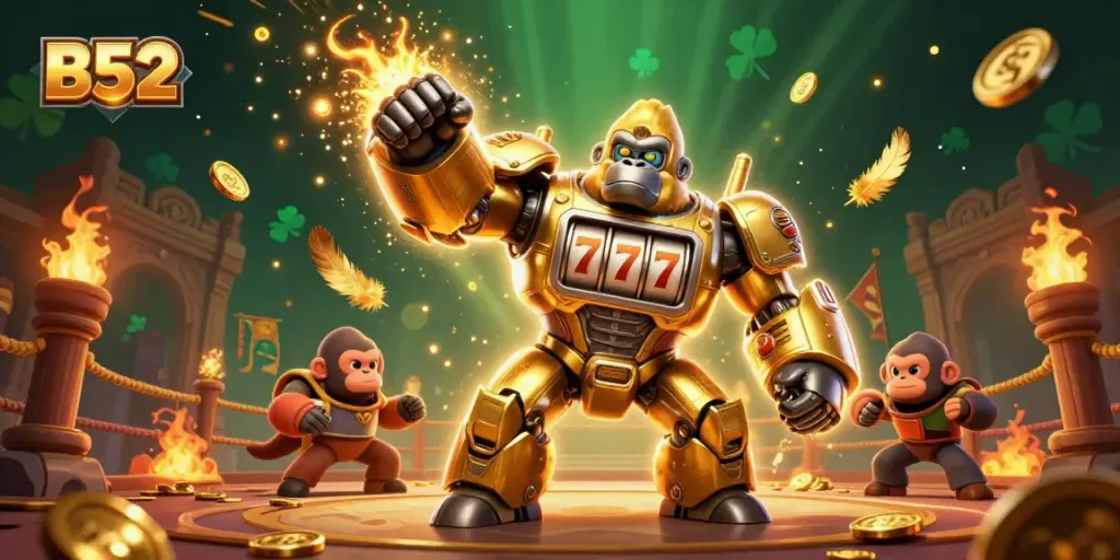 Experience thrilling gameplay at B52 casino, featuring vibrant slots and stunning visuals of a golden gorilla mech.