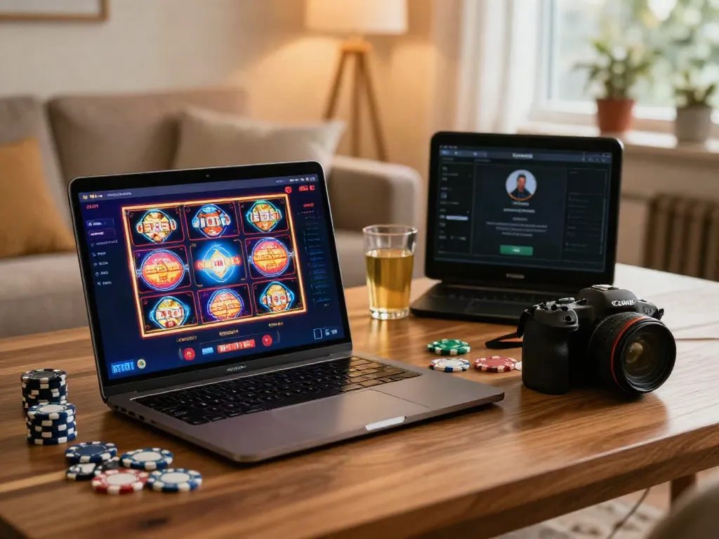 Casinos not on Gamstop setup with laptop and gaming chips in cozy living room.