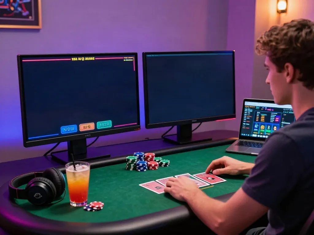 Engaging scene of casinos not on gamstop with player at a computer enjoying live dealer games.