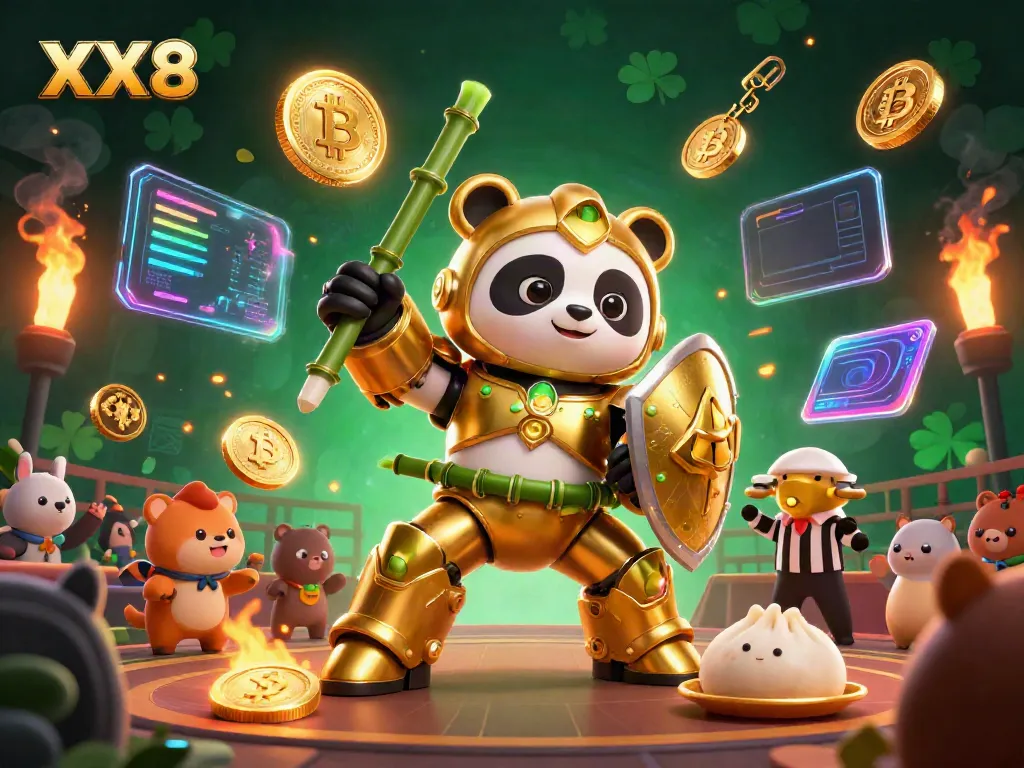 Engage in thrilling gaming with XX8's energetic mech-suit panda battling in an animated casino arena.