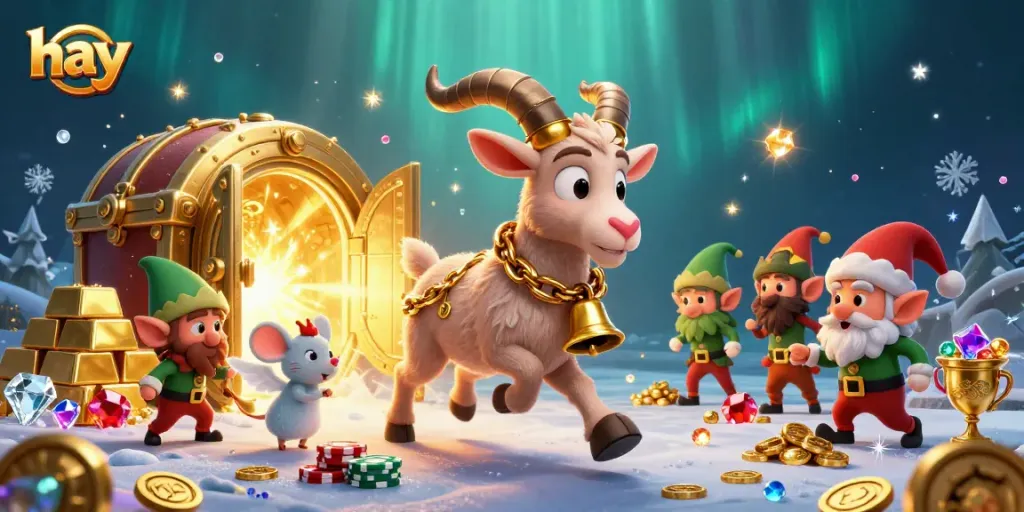 Engage in exciting casino action with hay-themed illustrations featuring Krampus and playful characters.