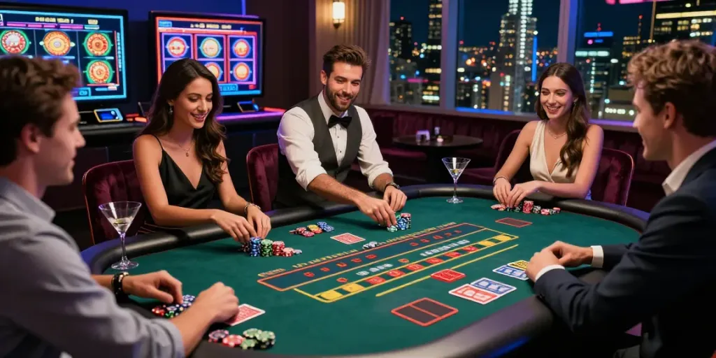 Casinos not on gamstop celebrated in a lively gaming atmosphere with friends enjoying roulette and slots.