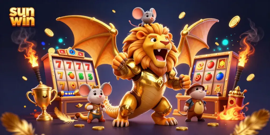 Play slots and win prizes at sun win with a roaring chimera, colorful casino elements, and golden trophies.