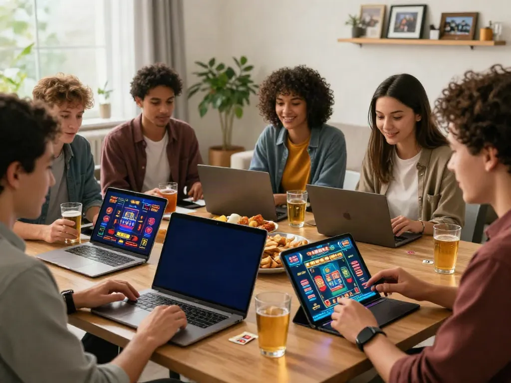 Friends enjoying online gaming at casinos not on gamstop in a cozy living room.