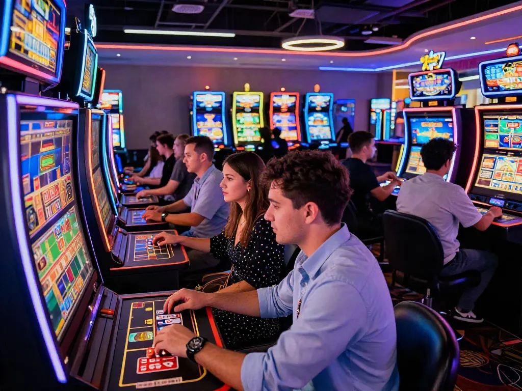 Players enjoying vibrant online casinos not on GamStop, featuring gaming stations and lively atmosphere.