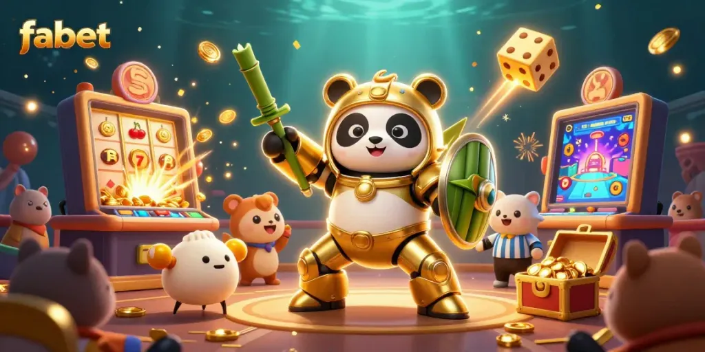 Experience fabet gaming excitement with a dynamic 3D illustration of casino elements, robots, and action.