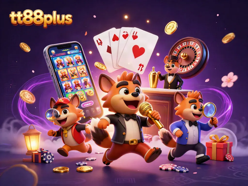 tt88plus hyenas in a vibrant comedy casino scene with gaming elements scattered attractively