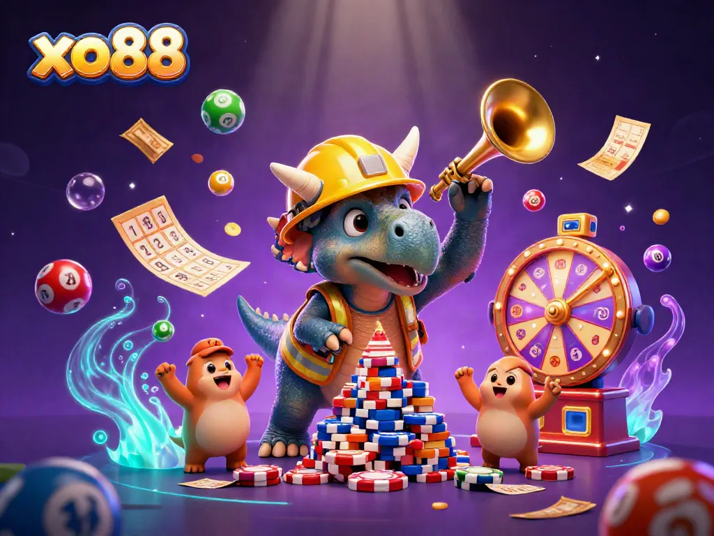 Experience excitement at xo88 with colorful characters building poker chips and vibrant gambling elements.
