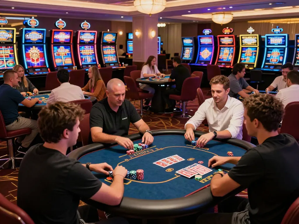 Engaged players at casinos not on gamstop enjoying roulette and slots in a vibrant setting.