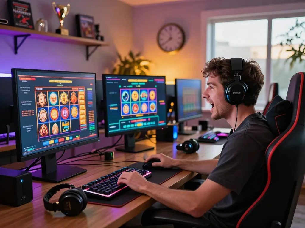 Player engaged at a computer for casinos not on GamStop, showcasing vibrant graphics and gaming setup.