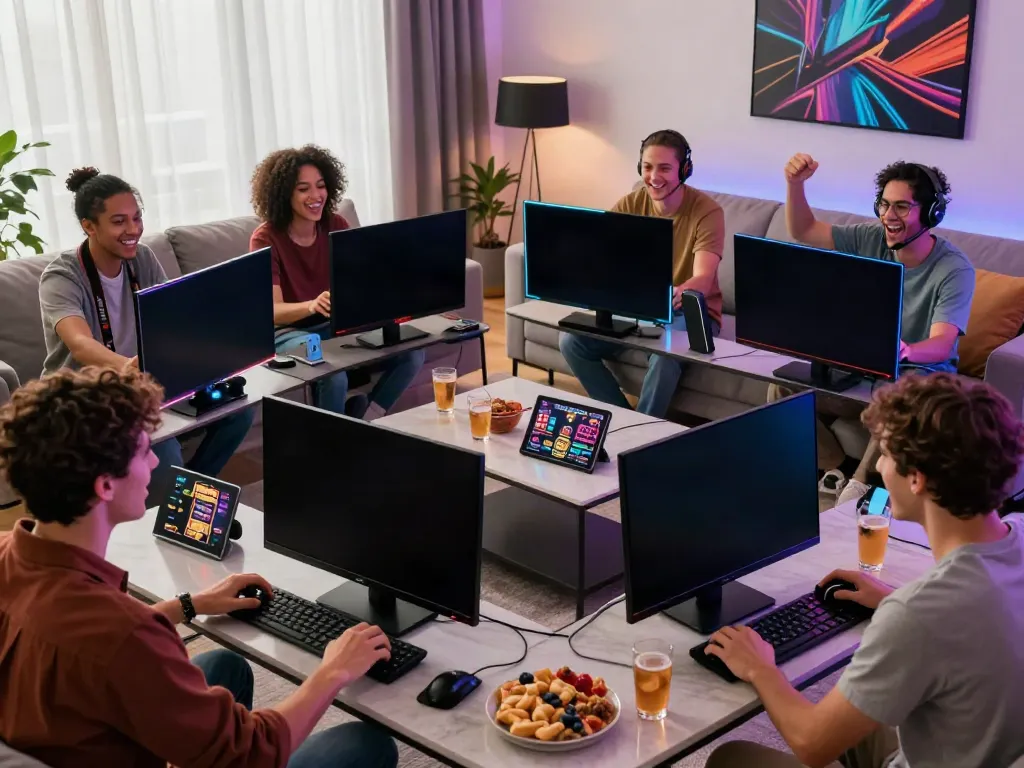 Friends enjoying gaming experience at home, showcasing casinos not on gamstop atmosphere.