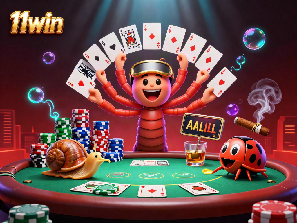 Engage with 11win's exciting casino action featuring vibrant characters and poker elements.