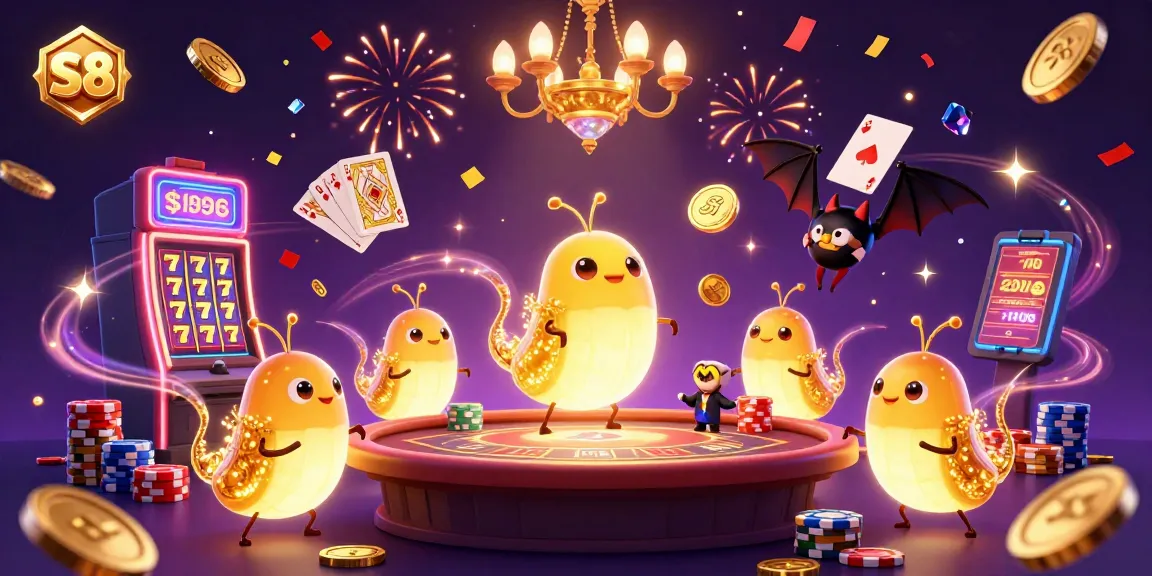 Spin the S8 slots and win big with a vibrant casino illustration featuring lively characters.