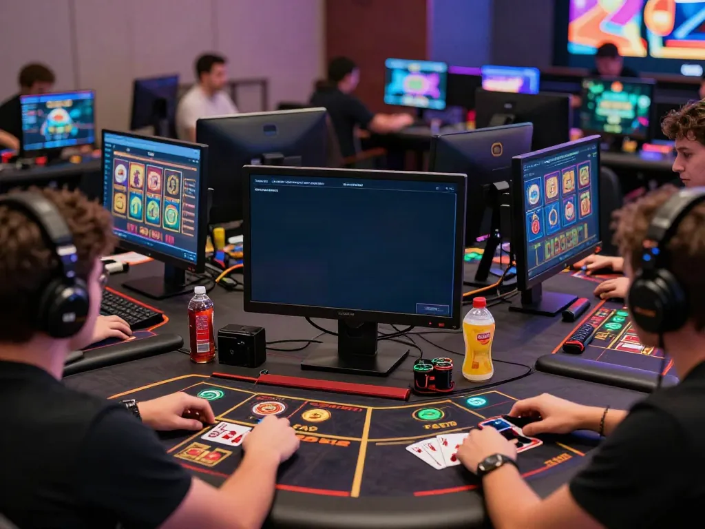 Engaging online gaming scene showcasing casinos not on GamStop with players using devices at vibrant virtual tables.