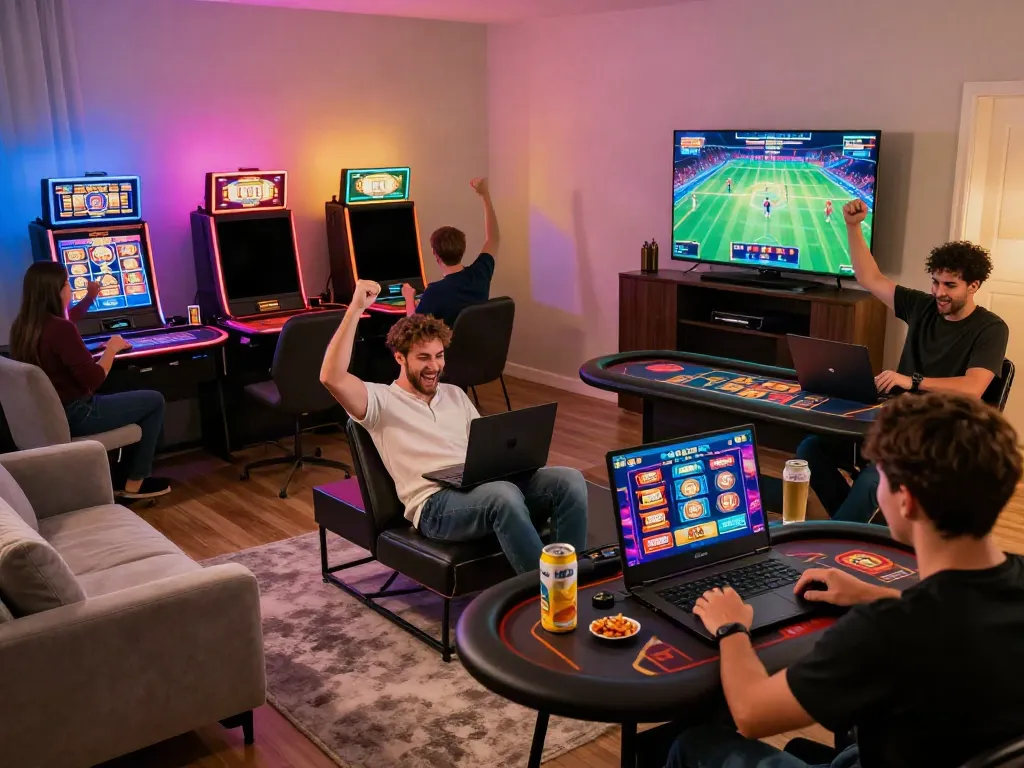 Exciting online gaming atmosphere with casinos not on gamstop featuring players celebrating wins together.