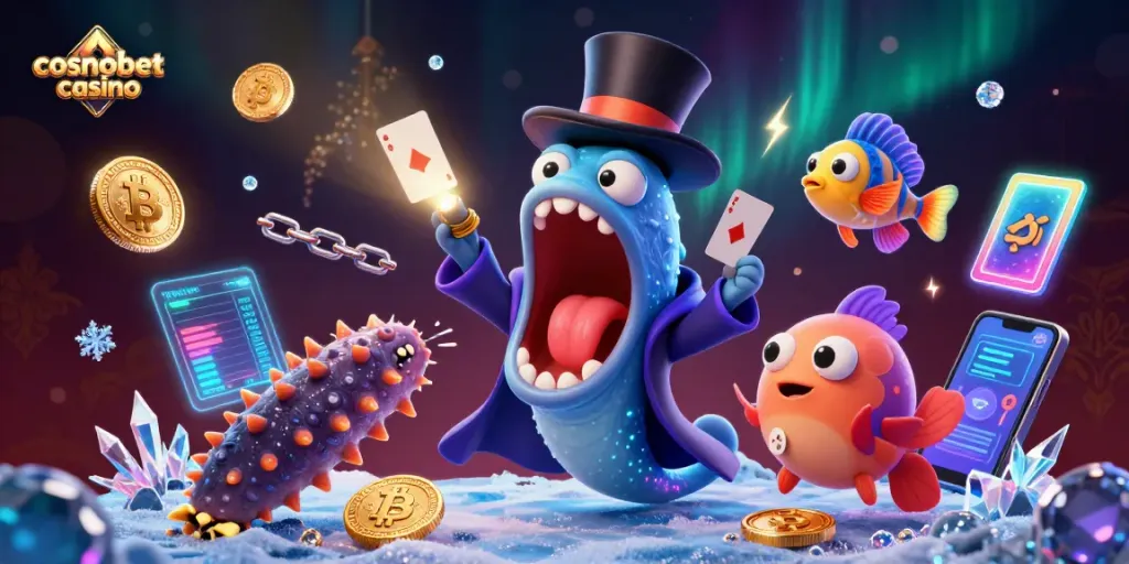 Engage with cosmobet casino through an enchanting magic scene of vibrant creatures performing card tricks.