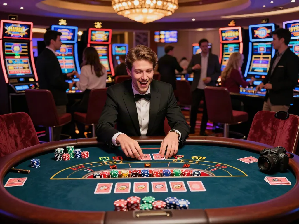 Gambler enjoying thrilling experience at casinos not on GamStop with lively ambiance and engaging dealers.