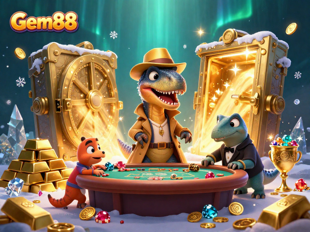 Gem88 players engaging in a thrilling blackjack game with cartoon characters in a vibrant casino setting.