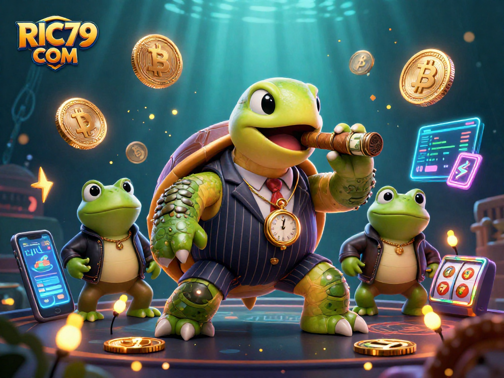 Experience thrilling gambling with RIC79 COM featuring a massive turtle, bullfrogs, and vibrant casino elements.