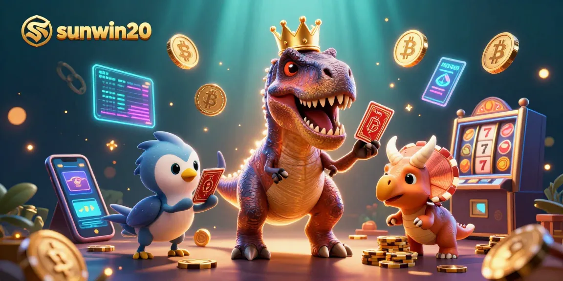 Engage with sunwin20 as a friendly T-Rex shuffles cards amidst crypto elements and slot machines.