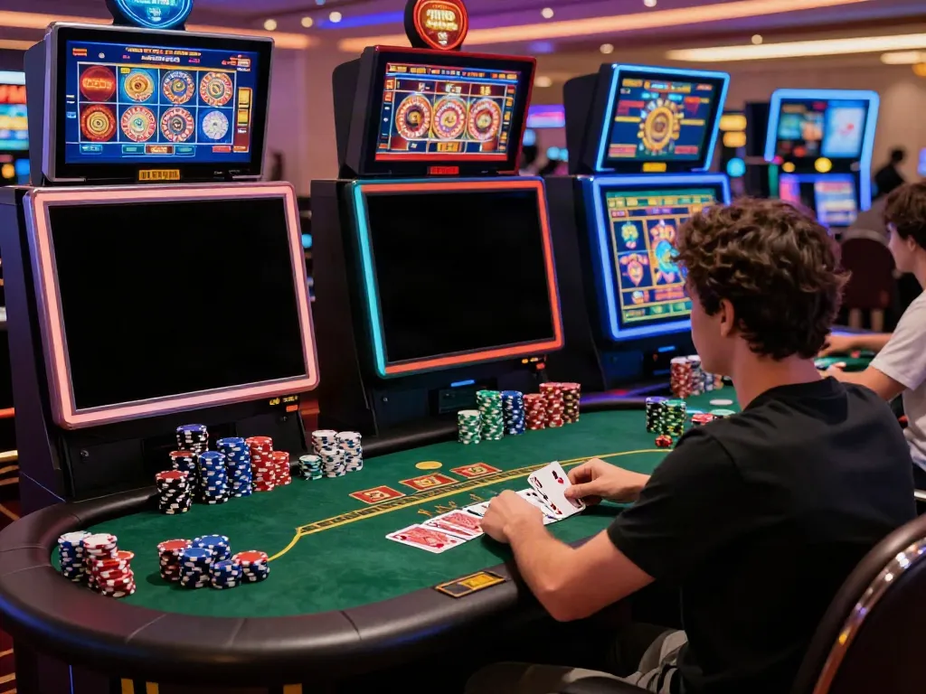 Engaging scene of casinos not on GamStop featuring vibrant slot games and poker chips