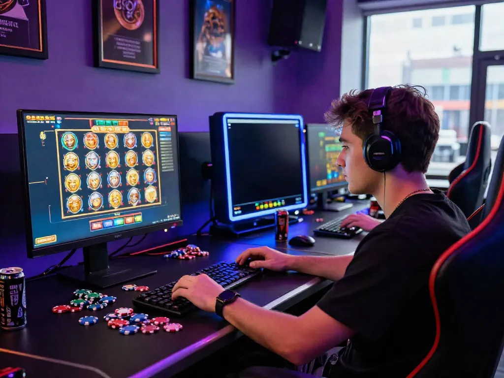 Engaging online casino scene featuring player at computer gaming, showcasing casinos not on gamstop.