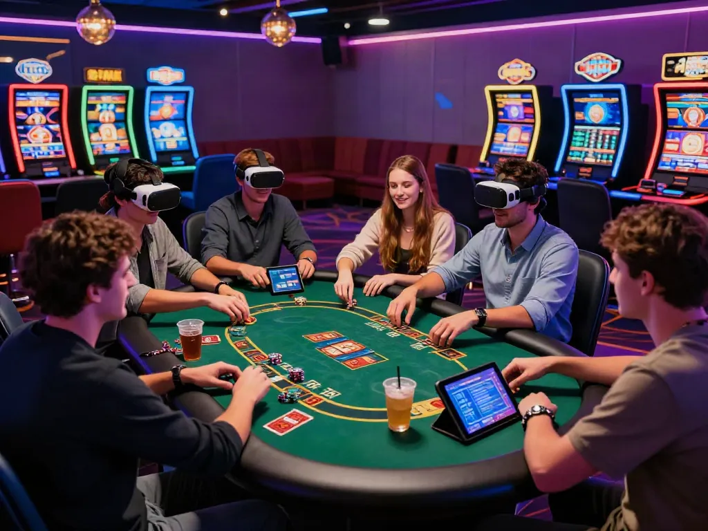 Friends enjoying games in vibrant casinos not on gamstop, featuring modern decor and exciting atmosphere.