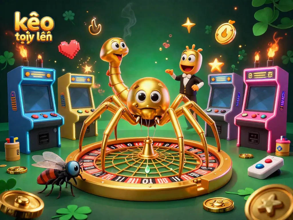 Engage in kèo trực tuyến with a cartoon spider spinning a roulette wheel amidst vibrant arcade elements.