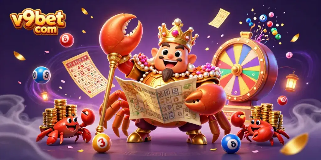 Experience thrilling gaming with v9bet com’s colorful lottery and casino elements, featuring a golden crab emperor.