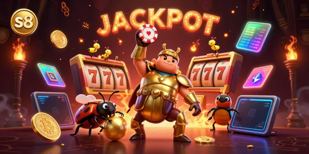 Experience the thrill of s8 gaming with a victorious beetle lifting a poker chip amidst vibrant casino elements.