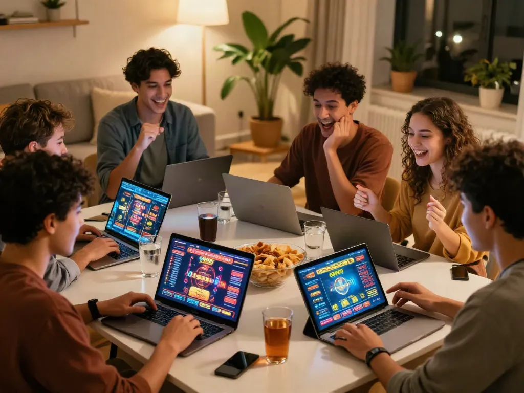 Friends enjoying online casinos not on GamStop during a cozy gaming night.