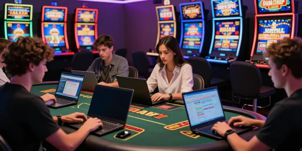 Players enjoying games at casinos not on GamStop, surrounded by vibrant promotions and engaging atmosphere.
