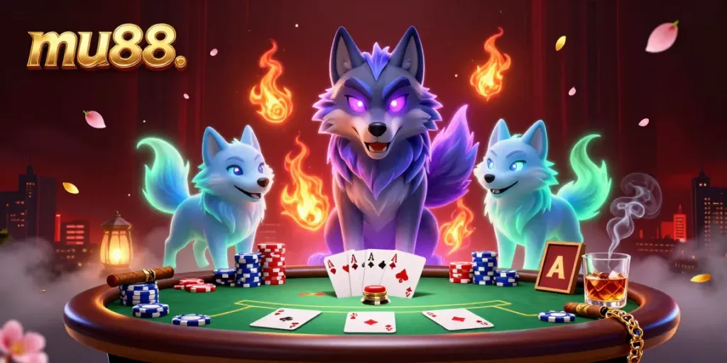 Engage in thrilling poker with mu88 as spectral wolves and poker chips create a captivating scene.
