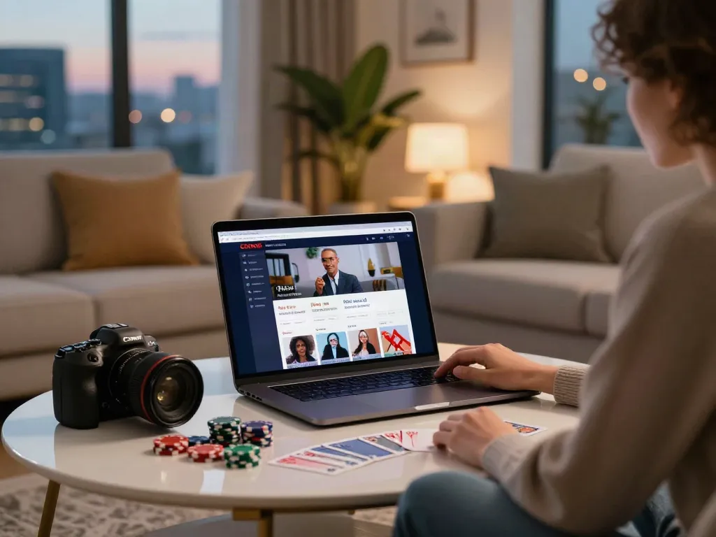 Engaging scene of a stylish living room with a laptop showcasing casinos not on gamstop, gaming accessories on the table.