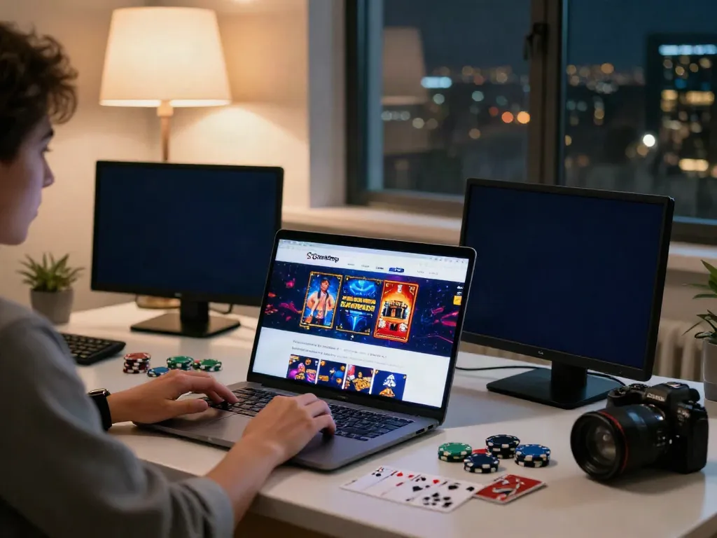 Engaged player exploring casinos not on GamStop in modern home office.