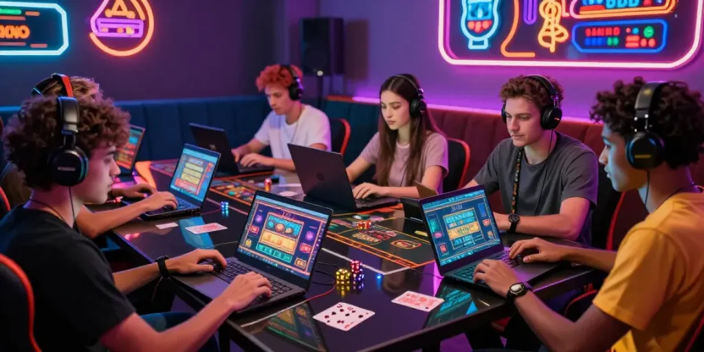 Friends enjoying games at a modern lounge focusing on casinos not on gamstop.