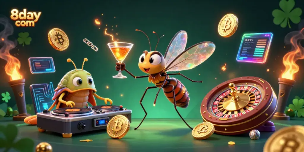 Experience excitement at 8day com with energetic casino characters and crypto elements.