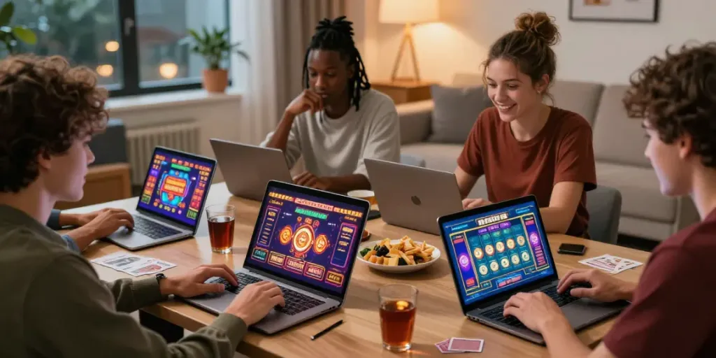Friends enjoying online casinos not on Gamstop in a cozy home setting.