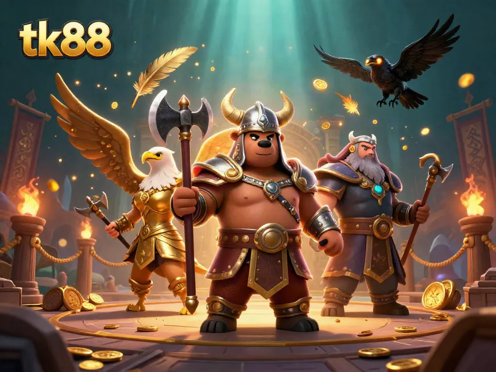 Engage with tk88 in this vibrant online casino scene featuring a Viking bear and Valkyrie eagle.