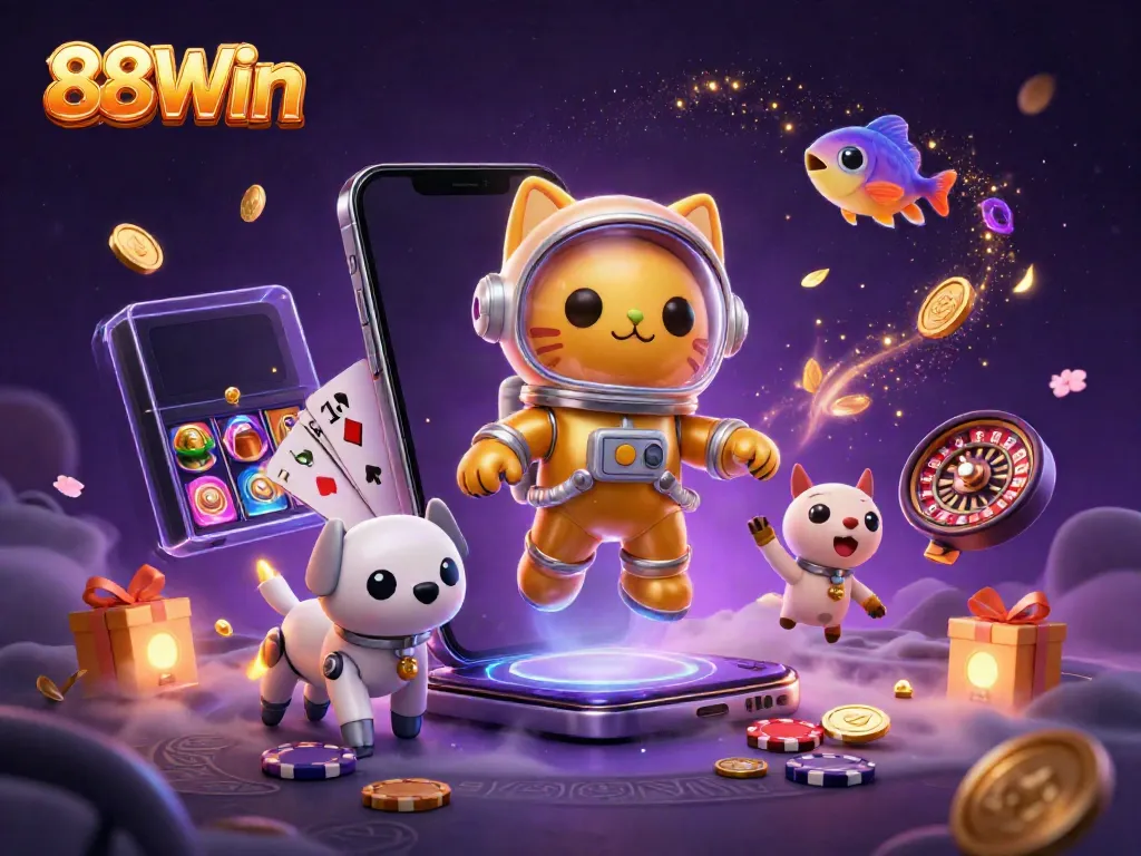 Experience the thrill of the 88Win casino with colorful slot games and dynamic characters in zero gravity.