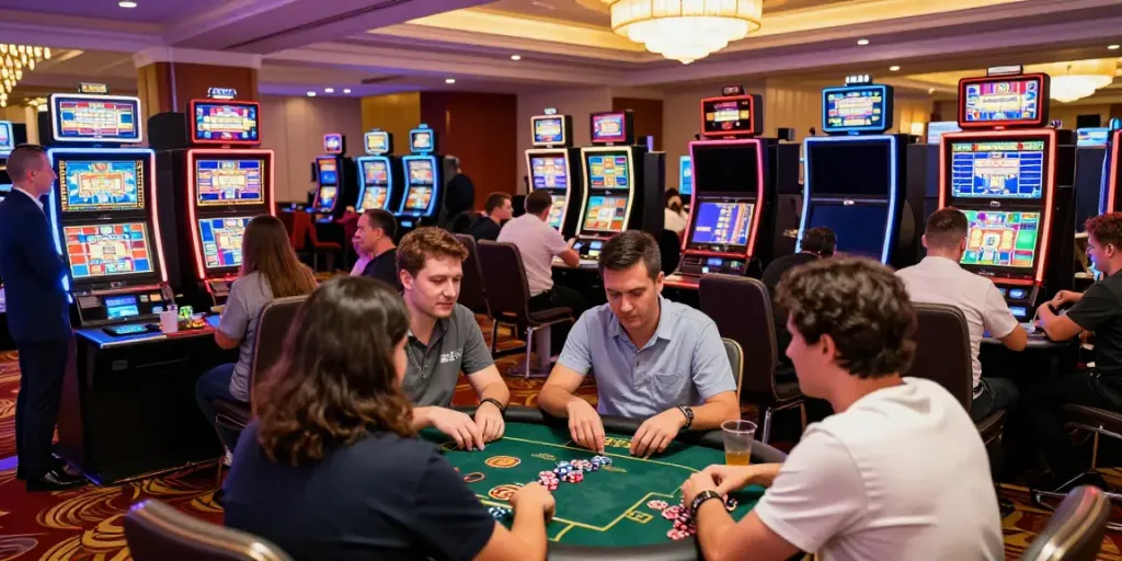 Exciting scene of casinos not on gamstop with players enjoying various games amidst vibrant lights and luxurious decor.